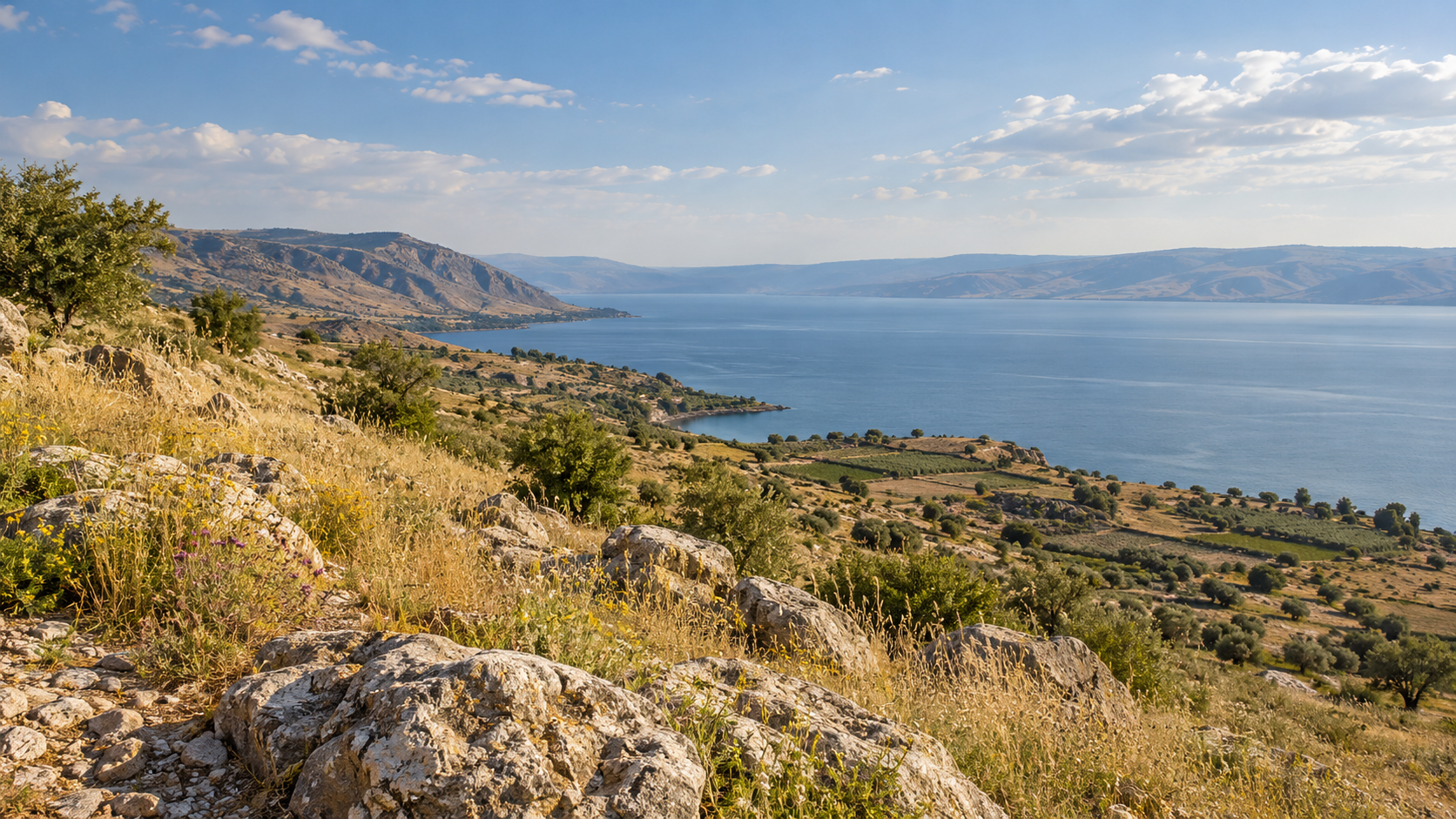 Rocky Galilean hillside overlooking the Sea of Galilee, with dry grasses, native vegetation, and cultivated land below.