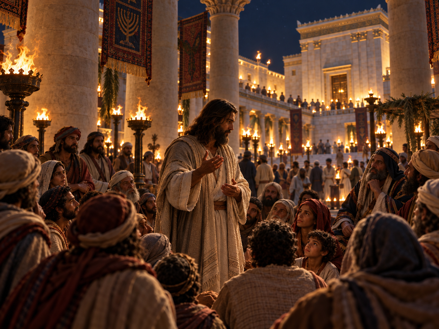 A historically informed reconstruction of Jesus teaching in the temple courts in Jerusalem during the Feast of Tabernacles. The setting helps frame His declaration, “I am the light of the world,” against the background of worship, pilgrimage, and the biblical themes of God’s presence, guidance, and light.