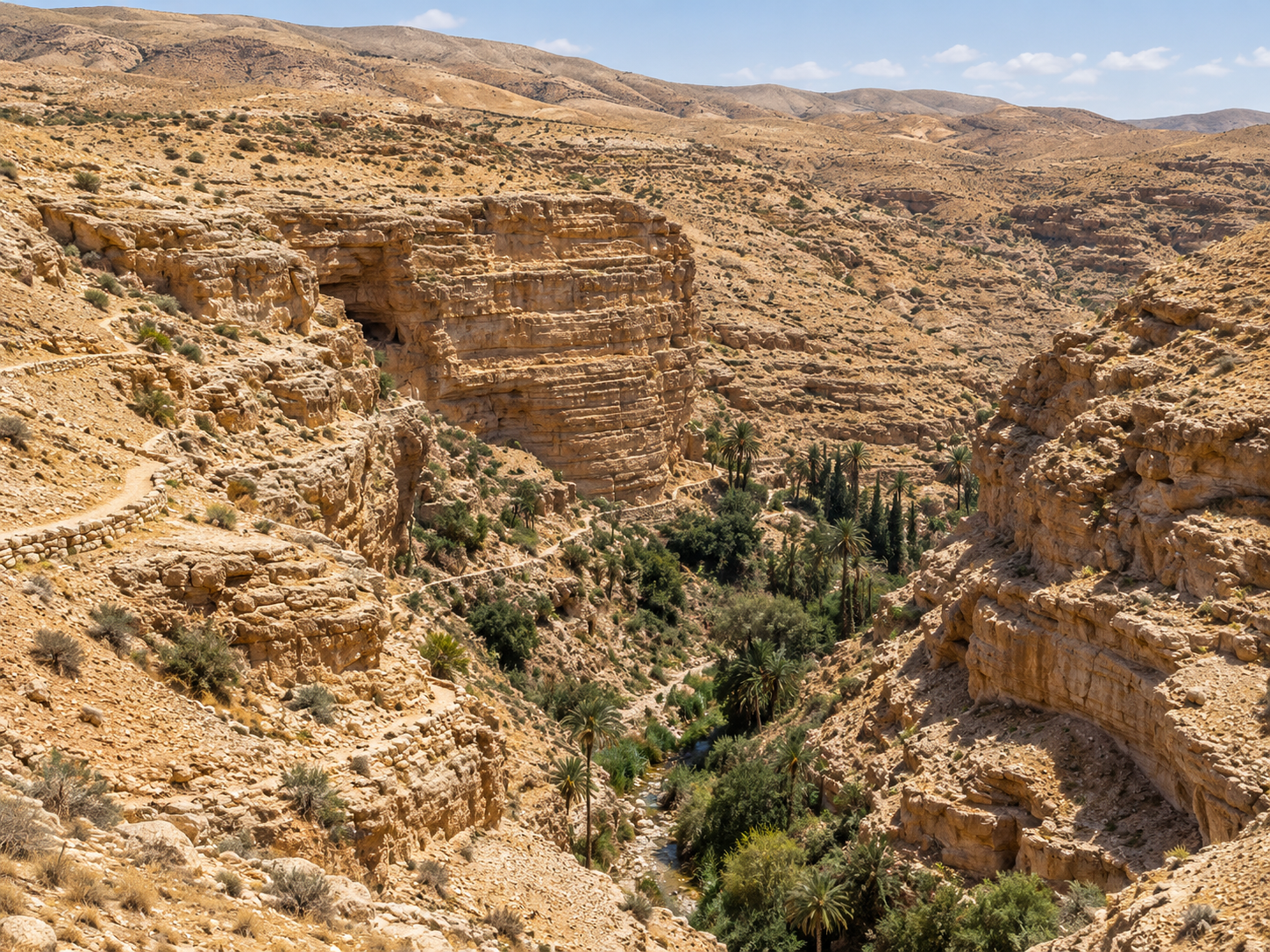 Historical reconstruction of Wadi Qelt near first-century Jericho, showing the rugged canyon, desert path, and oasis-like vegetation that likely characterized the landscape near the road to Jerusalem.