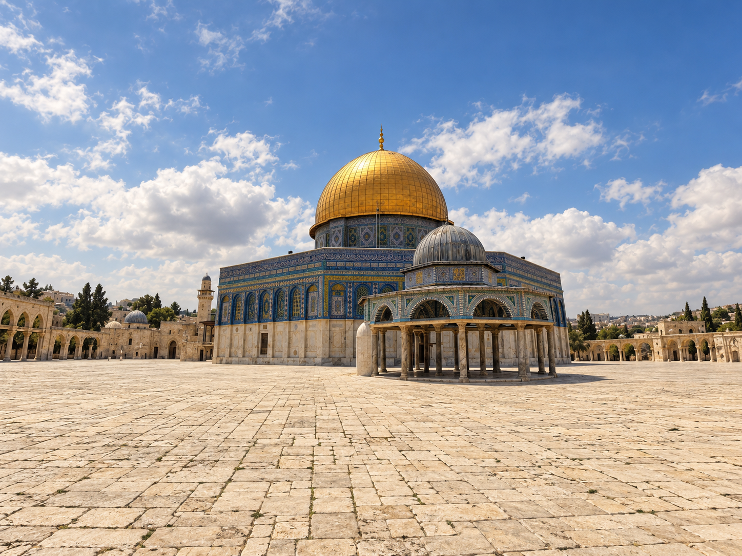 Present-day Temple Mount plaza in Jerusalem, shown without people or modern visual clutter, with the Dome of the Rock at the center.