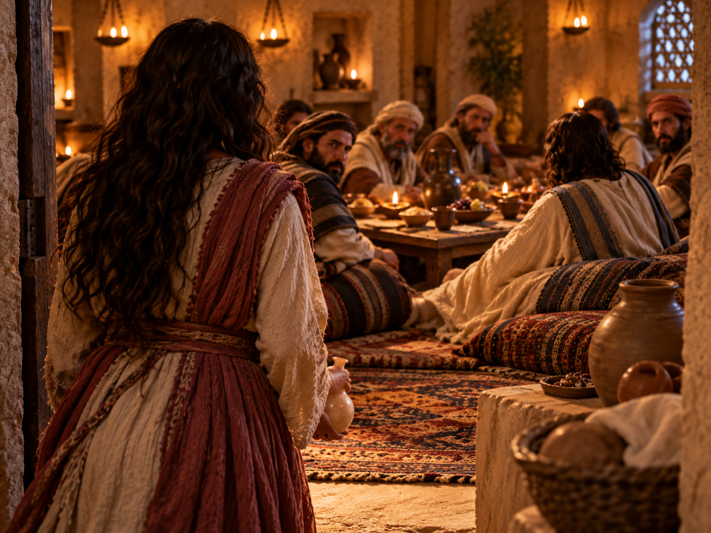 Unnamed woman entering Simon the Pharisee’s home carrying an alabaster flask of fragrant oil as guests at the meal turn toward her.