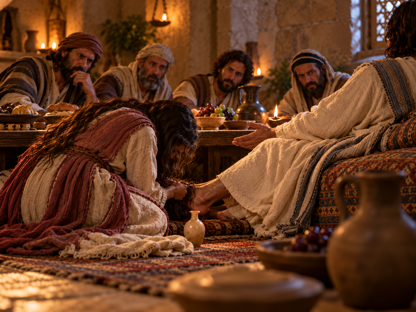 Unnamed woman weeping at Jesus’ feet in Simon the Pharisee’s home, wiping His feet with her hair as the dinner guests look on.