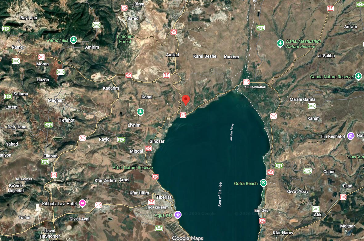 Satellite map showing the traditional Mount of Beatitudes location on the northwestern shore of the Sea of Galilee.